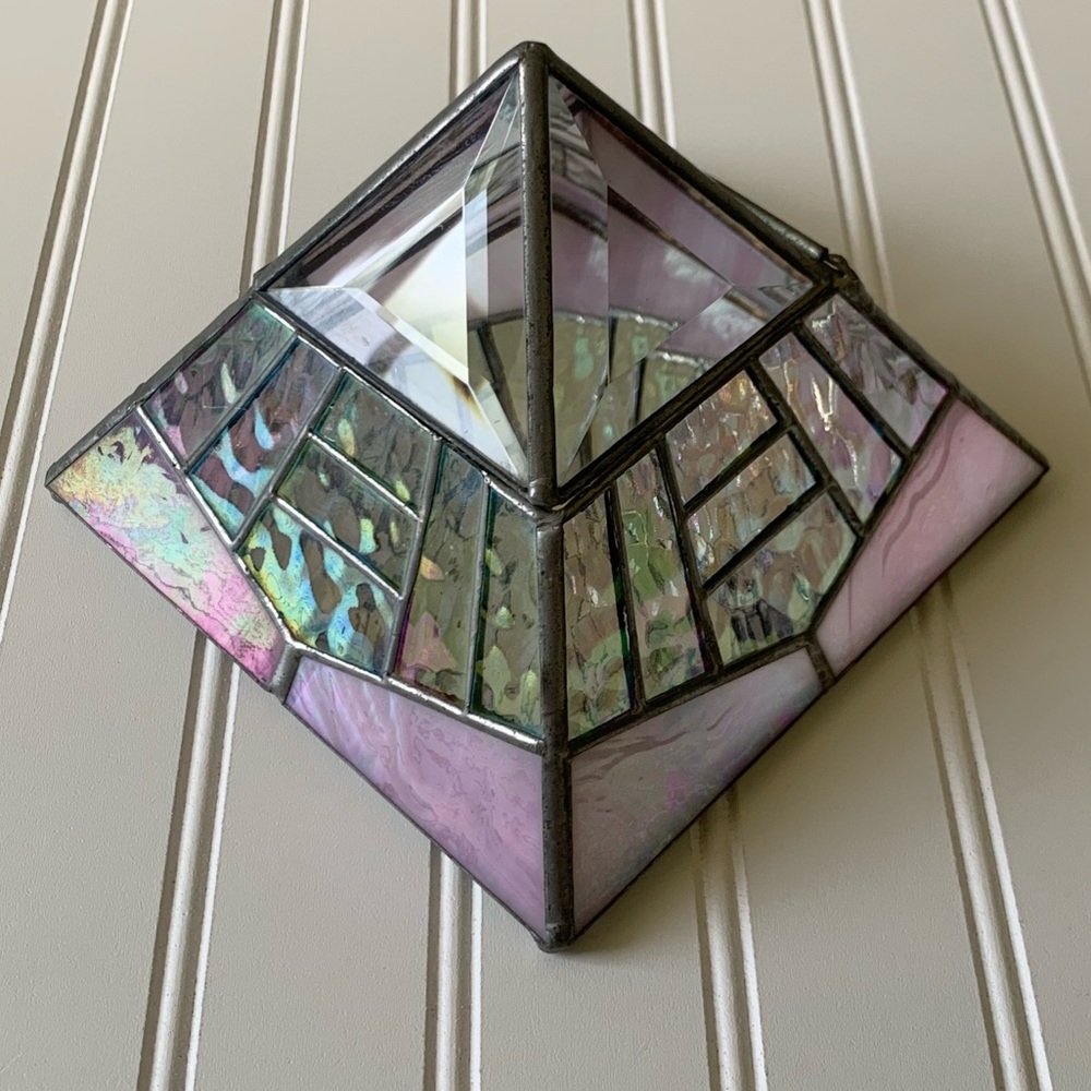 Vintage Stained Glass Pyramid Trinket Box - Pink Iridescent